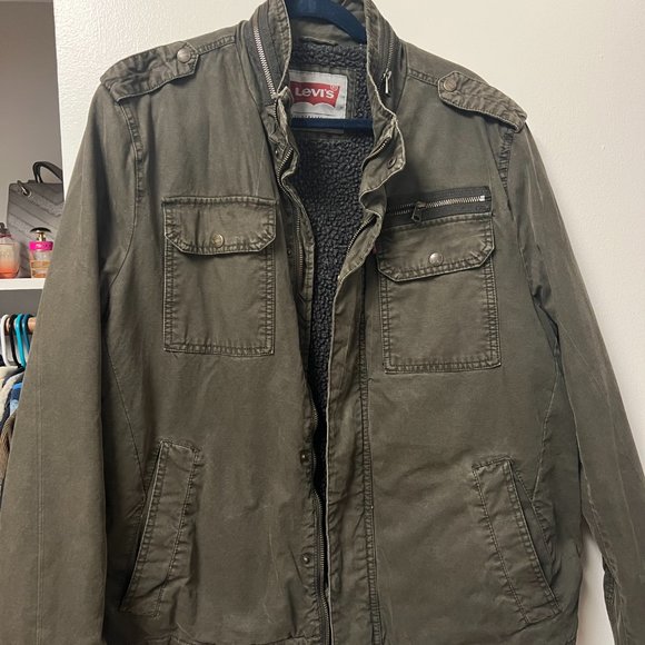 Levi's Men's Knit Collar Cotton Canvas Shell Trucker Jacket Olive LARGE - Picture 3 of 10